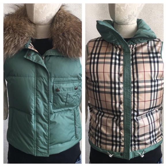 Burberry S Down Puffer Vest Coat Real Fur Green - Picture 3 of 8